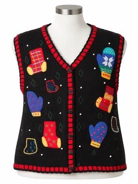 Vintage Designers Originals
Christmas Sweater Vest Black.
Red Mittens. Women M.